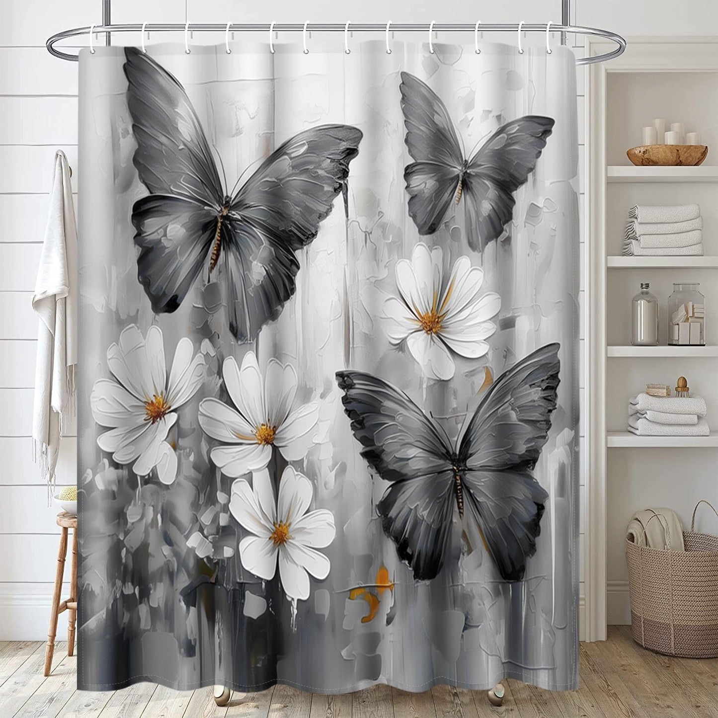 Emvency Shower Curtain Tropical Morpho Butterflies Daisy Flowers Black Bathroom Home Decor Waterproof Polyester Fabric 72 x 72 inches Set with Hooks