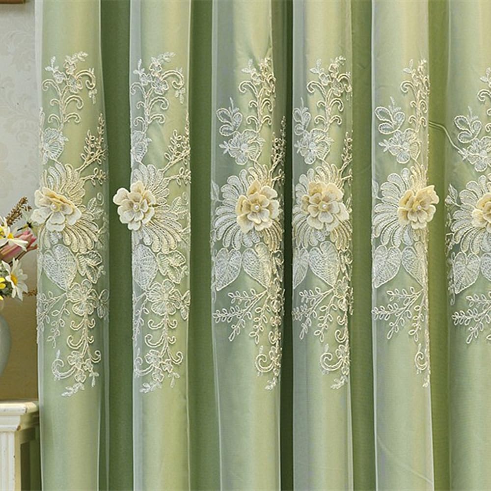 Amidoudou 1 Pair Luxury European Curtains with Valance for Living Room Bedroom Double Layer Embroidered Room Darkening Curtains (Green,51x95 Inch)