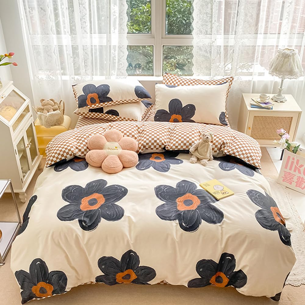 CLOTHKNOW Black Beige Floral Twin/Twin XL Comforter Set Sunflower Bedding Comforter Sets Brown Plaid Comforter Boho Comforter with 2 x Pillow Cases