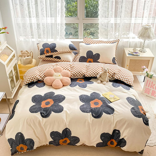 CLOTHKNOW Black Beige Floral Twin/Twin XL Comforter Set Sunflower Bedding Comforter Sets Brown Plaid Comforter Boho Comforter with 2 x Pillow Cases