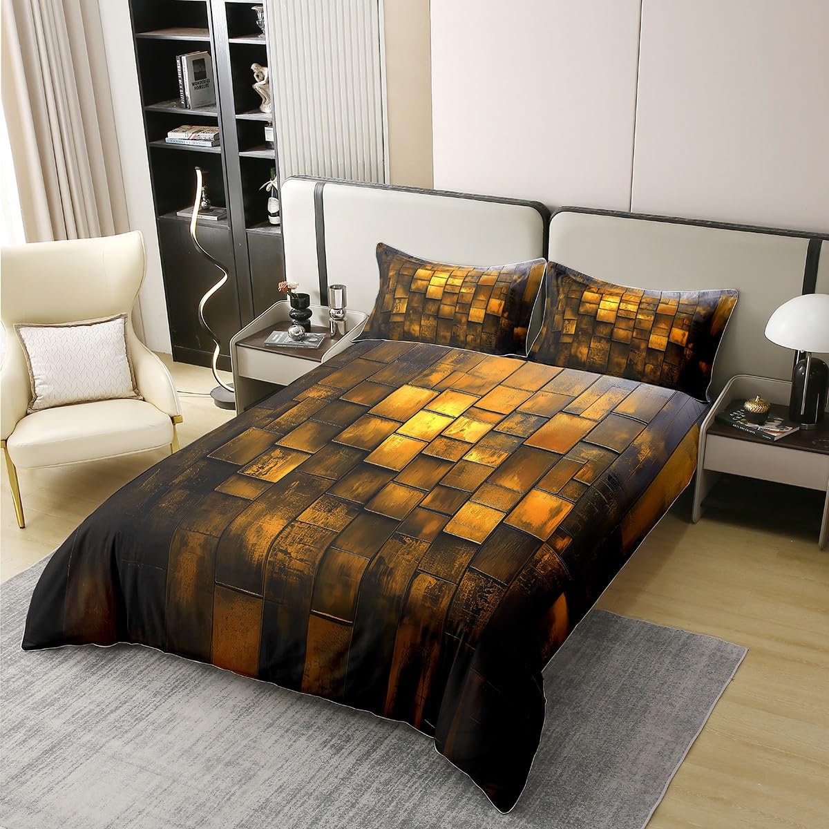 jejeloiu Yellow Earth Black Duvet Cover 100% Cotton King Size Kids Abstract Geometric Comforter Cover for Boys Girls Teens Modern Art Bedding Set Breathable Soft Room Decor
