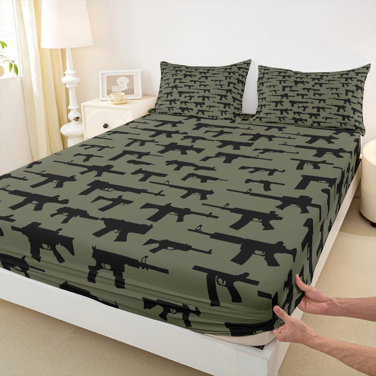 Erosebridal Machine Guns Bed Sheet Set King Size for Boys Teens Men Bedroom Military Theme Bedding Sets,Army Rifle Pattern Fitted Sheet & Flat Sheet Soft Microfiber Sheet Set 3 Piece Army Green