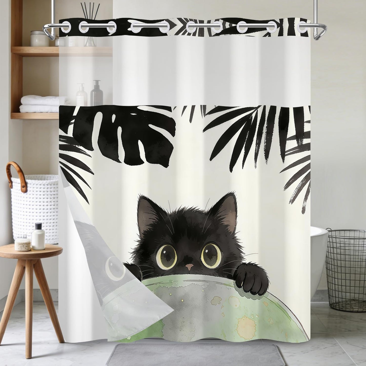 Xiazhilaio No Hook Black Cat Shower Curtain with Snap-in Liner 71 x 74 Inch