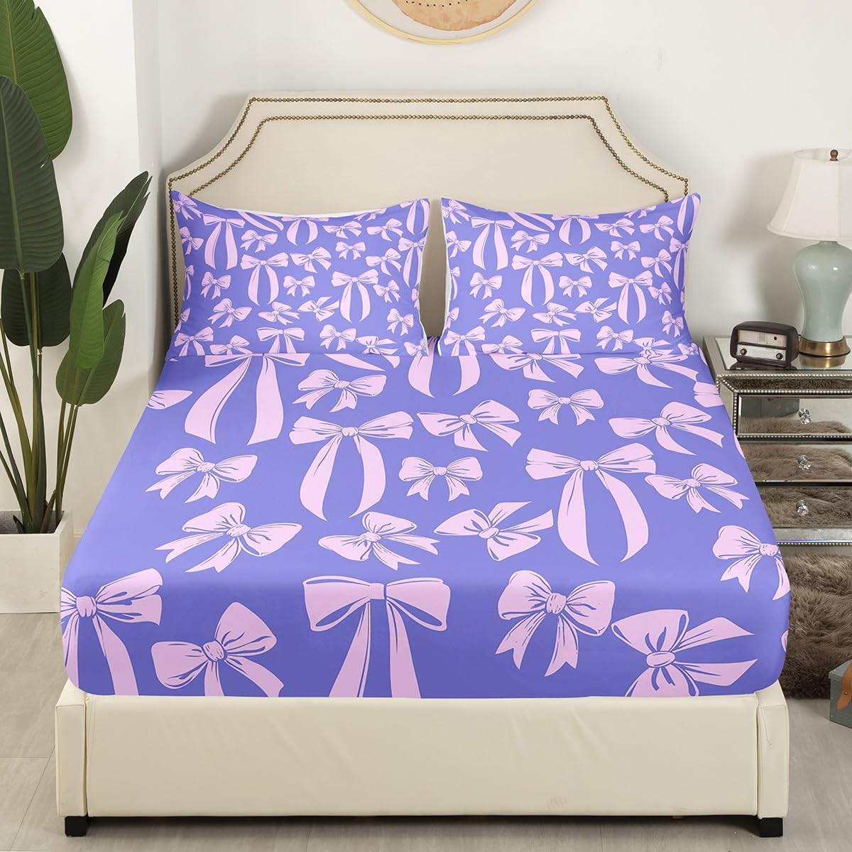Feelyou Cute Bowknot Bedding Sheets Girls Like Full Purple Bowknot Bed Sheet Set Kids Cartoon Style Fitted Sheet Ribbons Silk Bows Bed Cover 3Pcs,1 Fitted Sheet+2 Pillow Sham（No Flat Sheet）