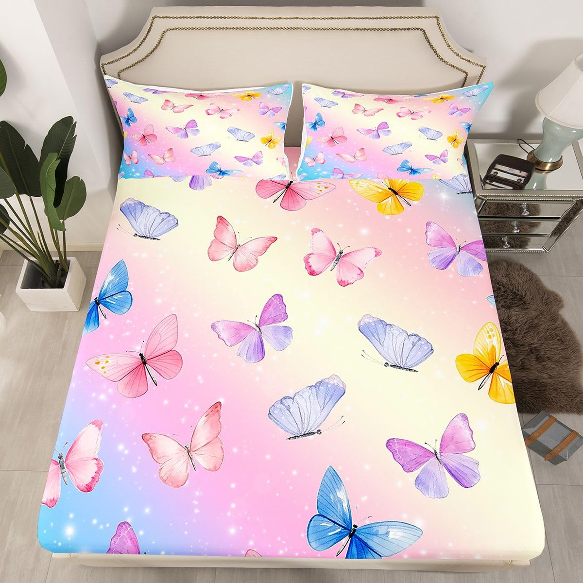 Feelyou Butterfly Bed Sheets Set Twin Size Rainbow Glitter Deep Pocket Fitted Sheet Pink Butterflies Print Bedding Sets Animal Soft Bed Set 3Pcs with 1 Pillow Cases