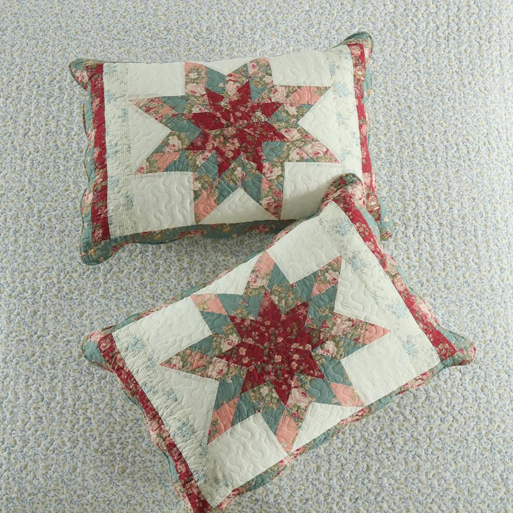 camandy Cotton Bedspread Quilt Bedding Sets, 3 Pieces Reversible Coverlets Comforters Star with Red Floral Real Patchwork Bedspread,Queen Size