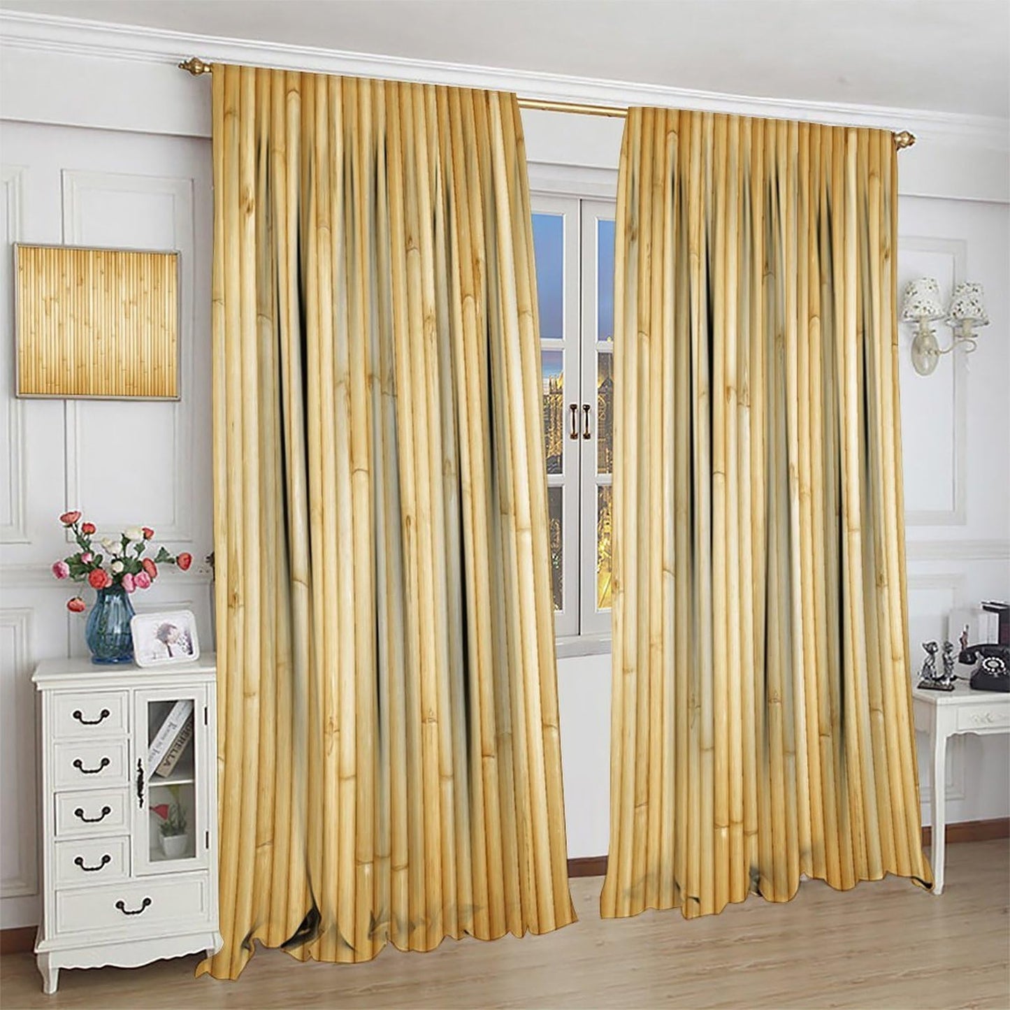 TYVGICZ Bamboo Curtains, Asia Chinese Bamboo Stems Hinese Japanese Style Asian Calligraphy Style Culture Theme Yellow Window Treatments for Living Room Bedroom Drapes, 42x45 Inch