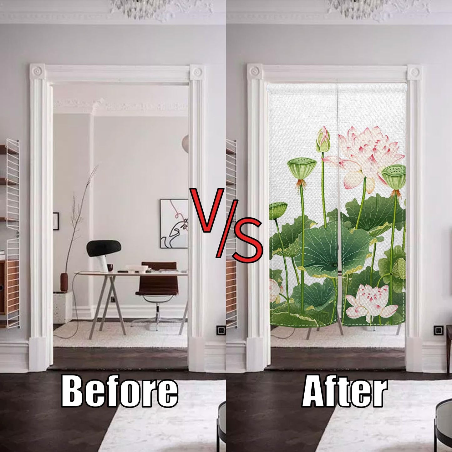 XMJJKUF Noren Japanese Doorway Curtain Chinese Traditional Lotus Printed Style Door Curtain Feng Shui Tapestry Window Bedroom Partition Kithchen Bathroom Door Decor,33.5"x 59"