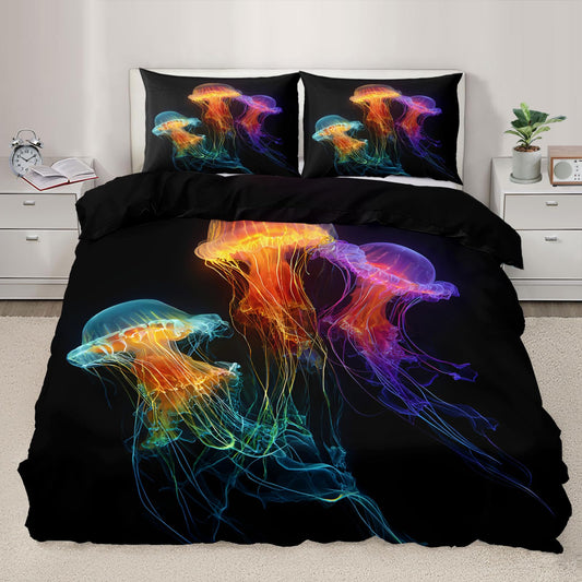 ZAOMIR Colorful Jellyfish Duvet Cover Set King Size for Teen Boys Girls, Neon Colors Kids Glowing Jellyfish Bedding Set 3 Pieces, Abstract Fluid Art Ocean Animal Duvet Cover with 2 Pillowcases