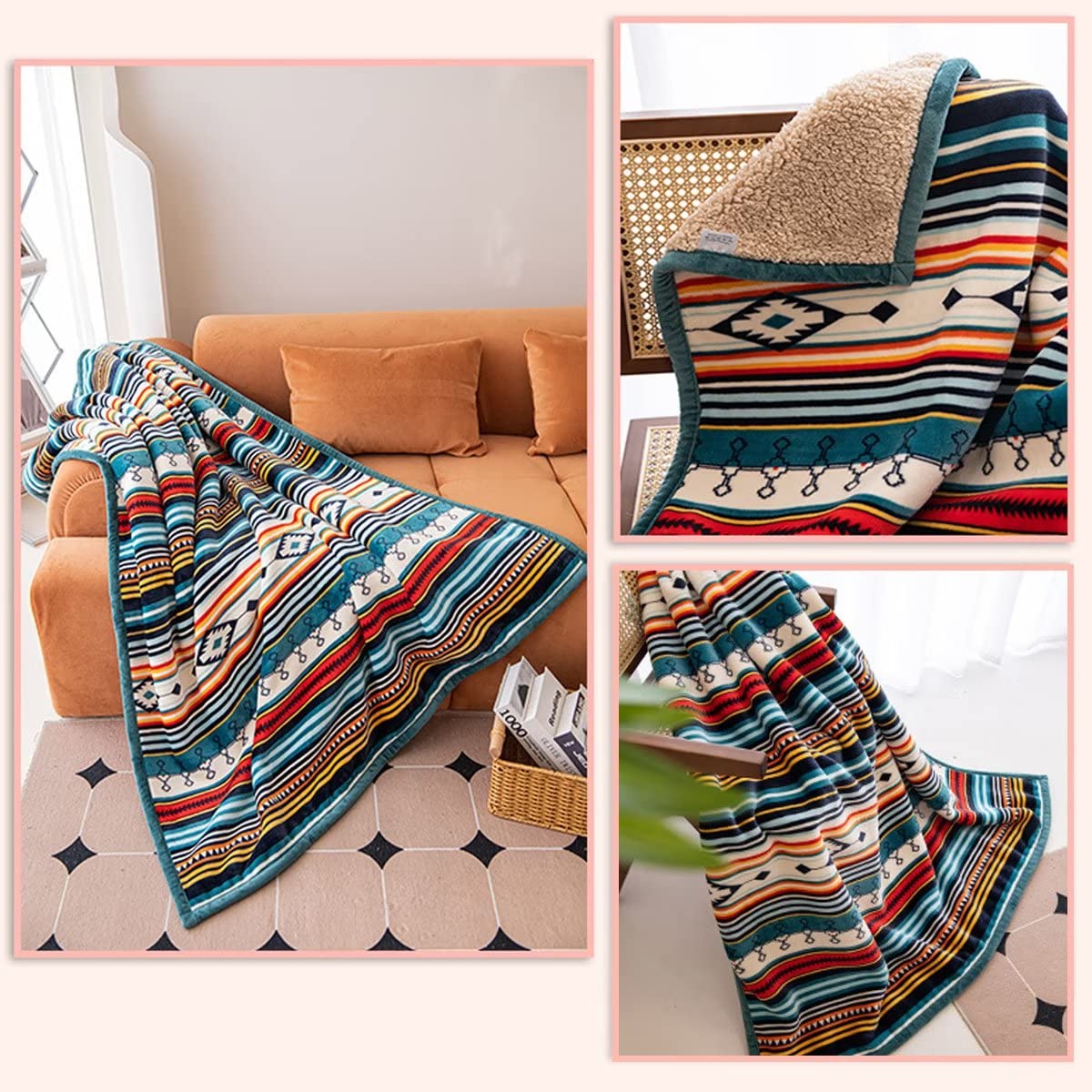 COTTEBED Flannel Sherpa Boho Throw Blankets,All Seasons Lightweight Super Soft Cozy Comfy Fluffy Fuzzy,Fleece Bedding Blanket for Bed Sofa Couch Living Room Camping Travel(Bohemia,50x60)