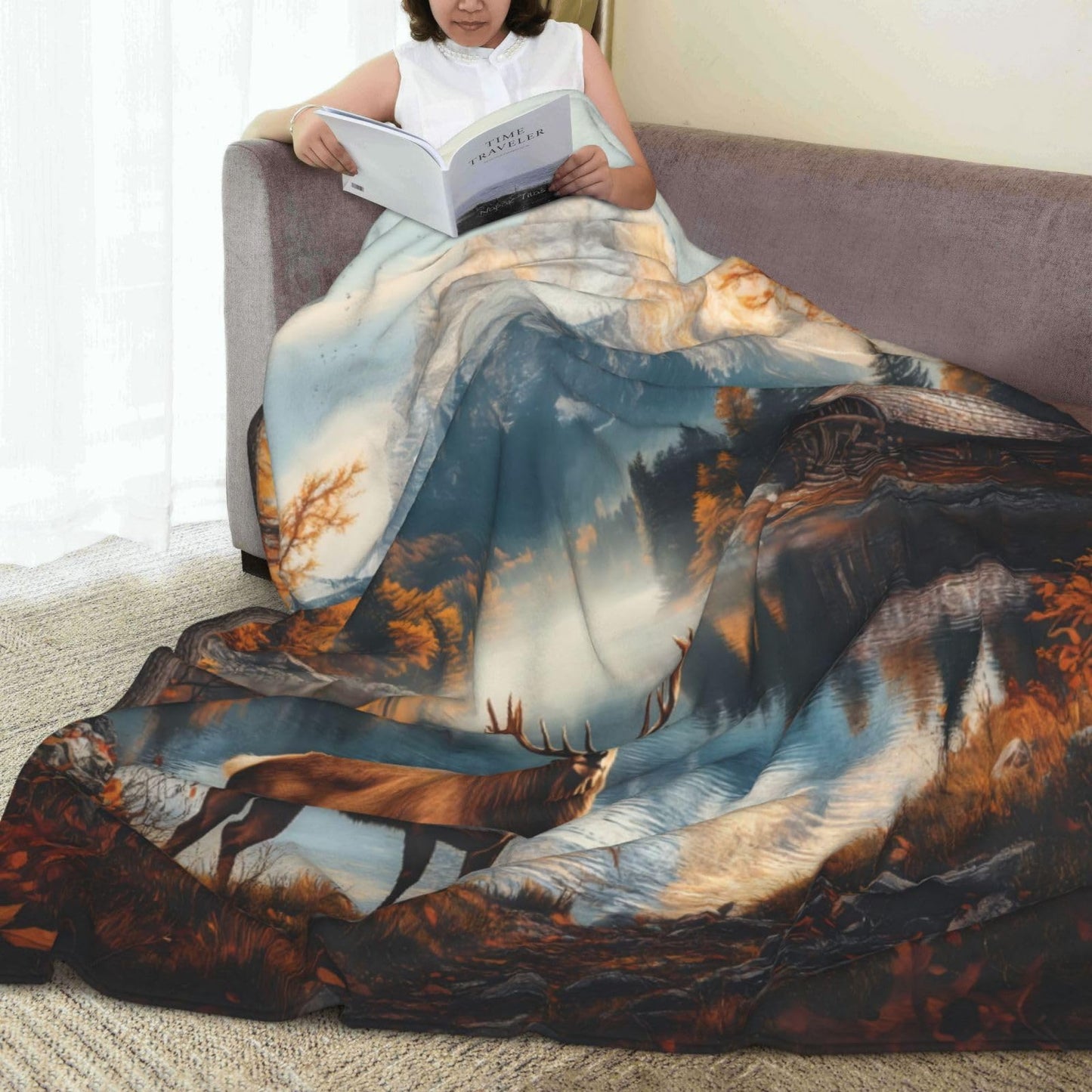 Retro Deer Blanket Gifts for Kids Men Women, Rustic Cabin Forest Elk Animal Throw Blanket, Warm Lightweight Cozy Plush Blankets for Couch, Bed, Travel, Home, Living Room, Camping, Decor, 60x50in