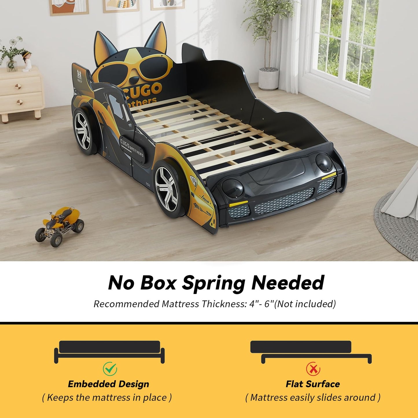 LKTART Twin Size Car Bed for Kids, Cartoon Dog Race Car-Shaped Wooden Platform Bed Frame with Headboard Wheels, LED Lights and Support Slats for Boys Toddlers Child