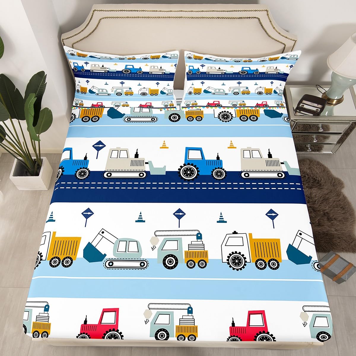 Feelyou Construction Sheet Set Kids Equipment Trucks Sheets with Deep Pocket Fitted Sheet Boys Cartoon Car Excavator Tractor Bed Sheets Set Construction Vehicles Blue White Bedding Set Full Size
