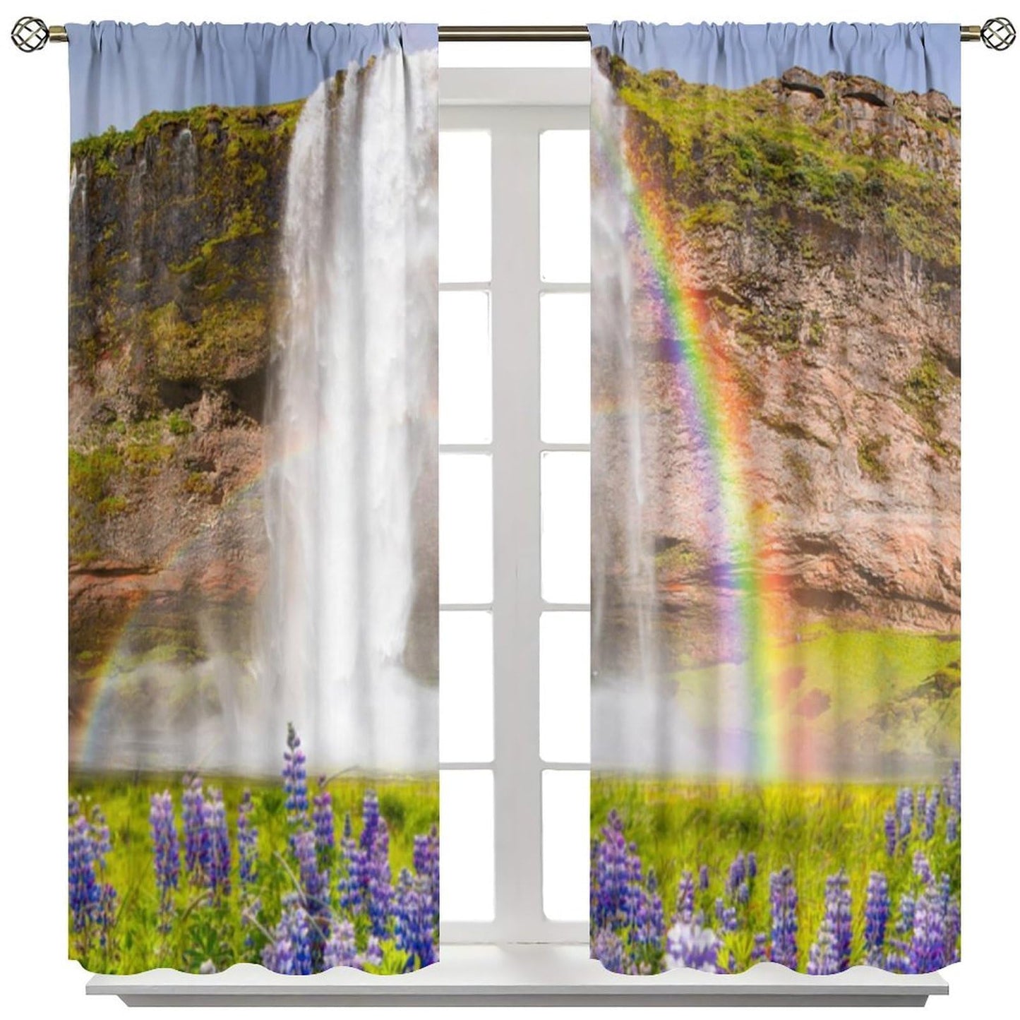 Rainbow Waterfall Curtain, Purple Wild Flower Green Plants Natural Scenery Landscape Print Decor Rod Pocket Window Drapes, for Bedroom Living Room 42" W X 45" L