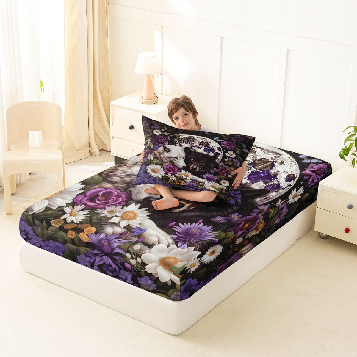 Feelyou Wolf Fitted Sheet Twin Size for Kids Boys Girls Halloween Themed Bed Sheets Set 16" Deep Pocket Soft Breathable Microfiber Trick or Treat Bedding with 1 Pillowcase Wolves Howling Room Decor