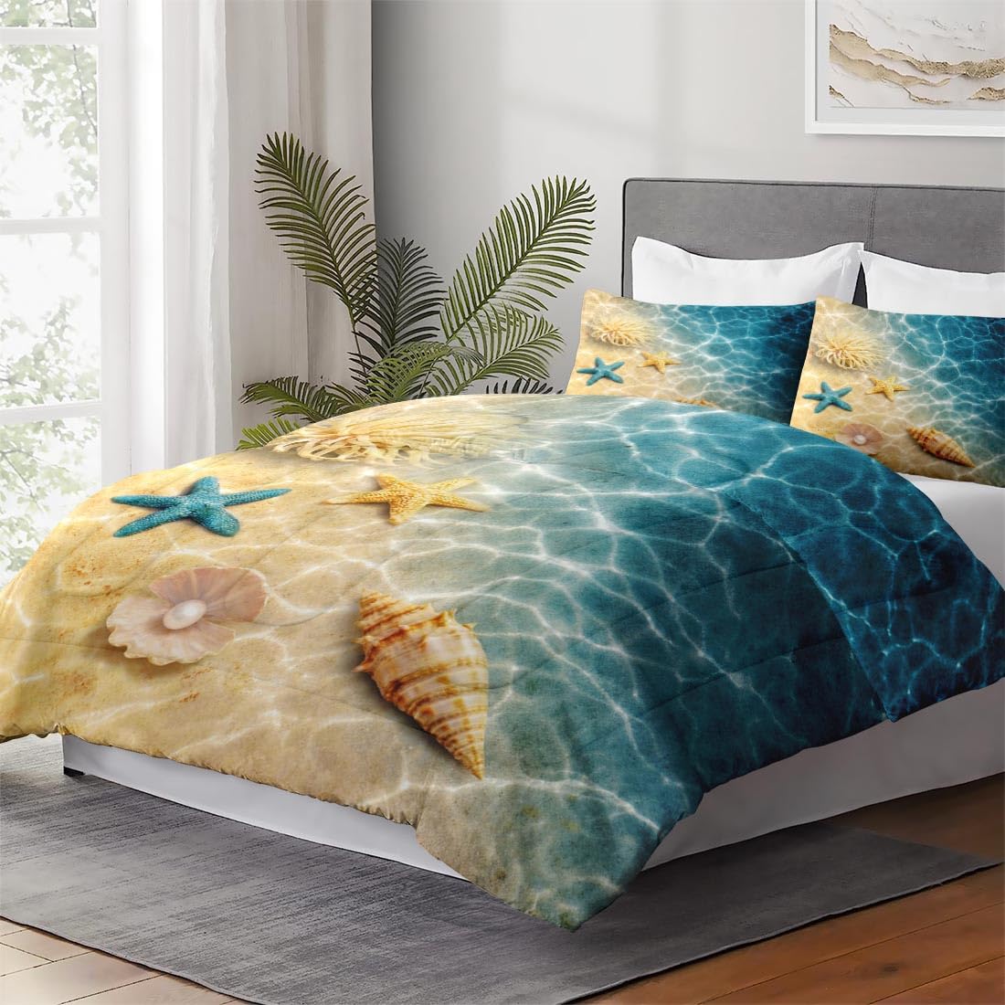 WeCozy Queen Size Comforter Set with 2 Pillowcases, Summer Marine Seashell Starfish Beach Ocean Soft 3 Pcs Bedding for Kids and Adults Bedroom Bed Decor