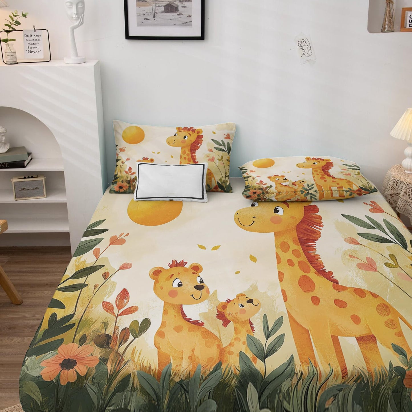NOGAWA Giraffe Sheets Queen, Forest Animal Bed Sheets, Deep Pocket & Soft Microfiber Bedding Sheets & Pillowcases 4 Piece - Fitted Sheet & Flat Sheet & 2 Pillow Cases