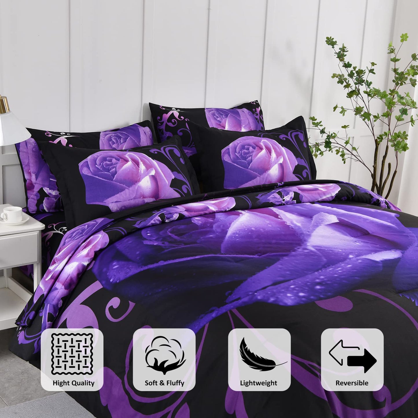 Xruibed Floral Comforter Set King 7 Piece Bed in a Bag Purple Rose Flower Comforter with Sheet Set Soft Micorfiber Bedding Set (1 Comforter,2 Pillow Shams,1 Flat Sheet,1 Fitted Sheet,2 Pillowcases)