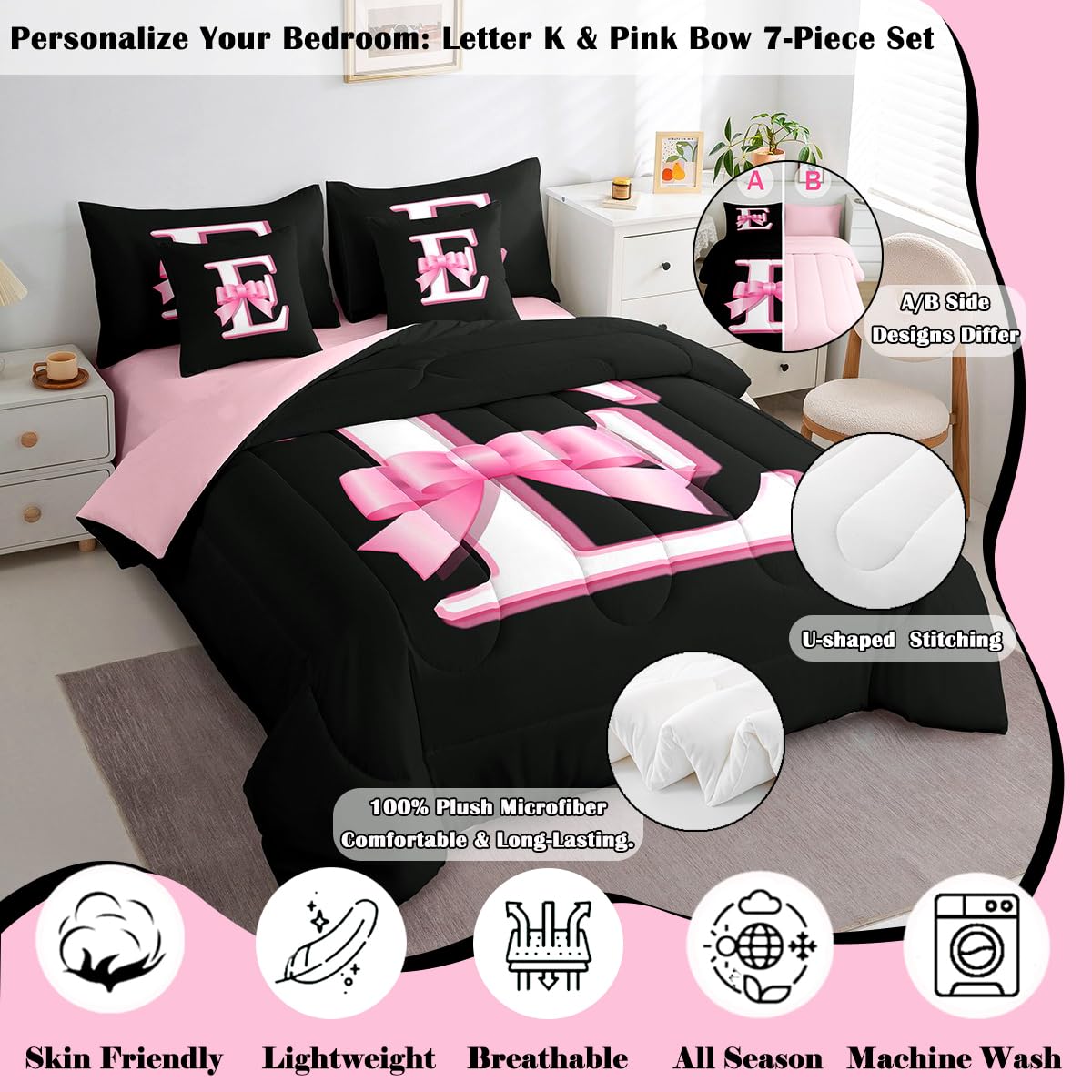 jejeloiu Kids Girls Black Pink Bow Comforter Set with Sheets Twin Size Monogrammed 7 Piece Bedding Set Personalized Initial E Bed in a Bag with Comforter,Sheets,Pillowcases Modern Fashion Bed Set