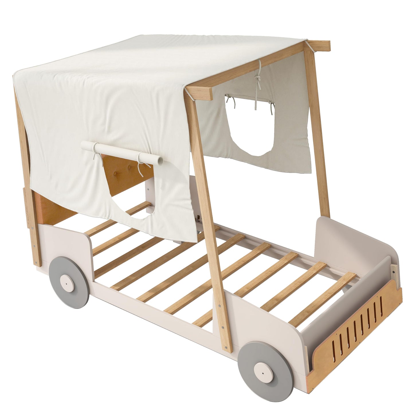 Harper & Bright Designs Twin Size Car Bed with Pillow, Ceiling Cloth, Twin Wooden Kids Playhouse Bed Frame, Wood Twin Platform Bed for Boys Girls Teens (Natural, Twin)