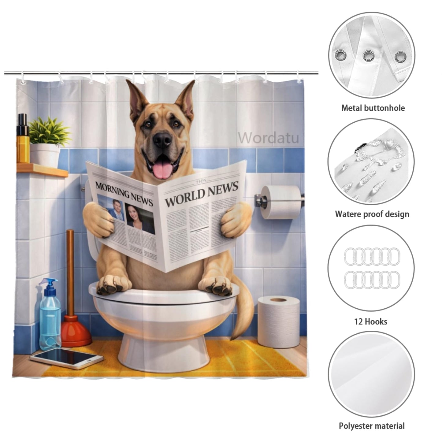 Wordatu Golden Retriever Read Book Shower Curtain Bathroom Fabric Waterproof Polyester Fun Pet Puppy 12 Hooks 72x72 Inches