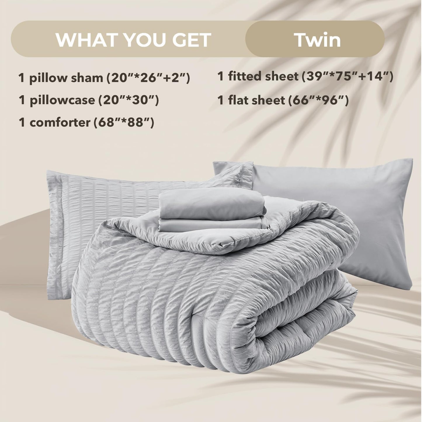 HYMOKEGE Light Grey Twin Comforter Set Seersucker 5 Pieces, All Season Luxury Bed in a Bag for Bedroom, Bedding Set with Comforters, Sheets, Pillowcase & Sham