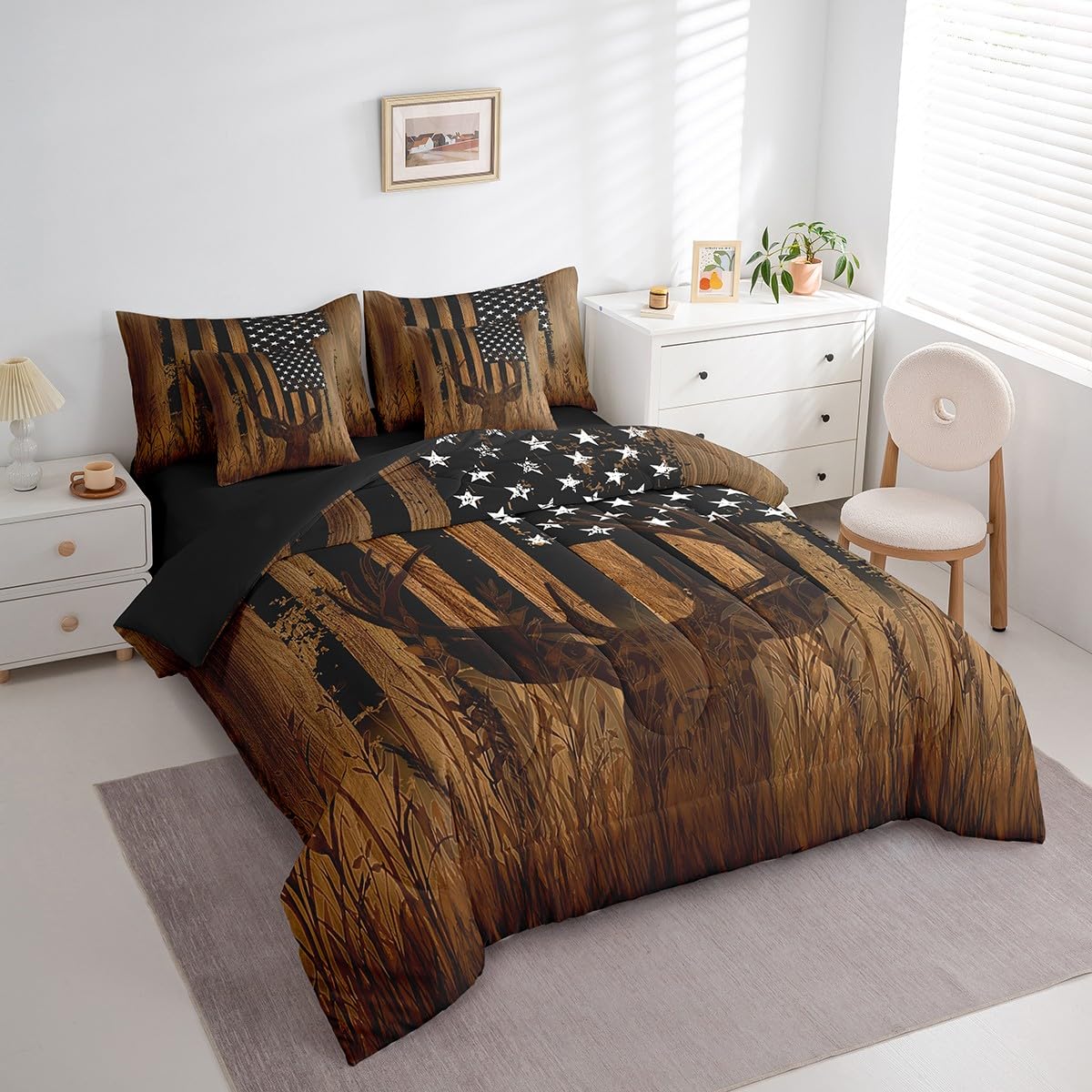 Feelyou Deer Hunting 7 Pieces Bedding Set, Queen Size American Flag Bed Set for Boys Girls Teens Bedroom Decor Cute Deer Bed in a Bag with Comforter, Sheets, Pillowcases Western Farmhouse