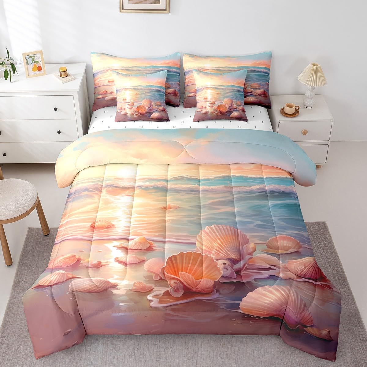 Erosebridal Ocean Full Bedding Sets 7-Piece Tropical Hawaii Comforter Set Hawaii Beach Comforter Set with Sheets Seashell Conch Bed in A Bag Oil Painting Bed Sheets Set Coastal Sealife Bedroom Decor