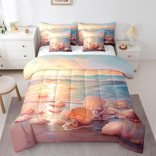 Erosebridal Ocean Full Bedding Sets 7-Piece Tropical Hawaii Comforter Set Hawaii Beach Comforter Set with Sheets Seashell Conch Bed in A Bag Oil Painting Bed Sheets Set Coastal Sealife Bedroom Decor