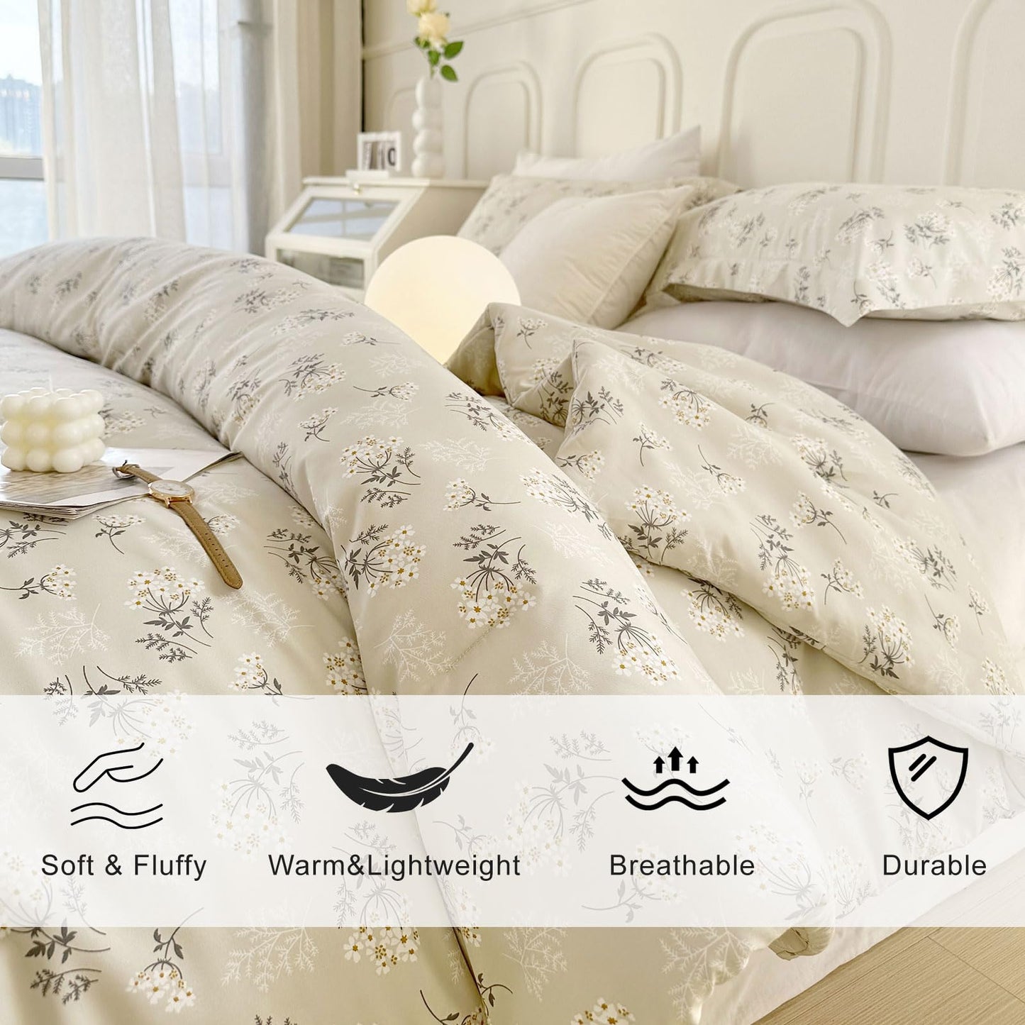 EAVD Boho Floral Comforter Set Queen Soft Washed Microfiber Garden Beige Floral Bedding Queen Comforter Set Reversible Botanical Bedding Set with 2 Pillowcases
