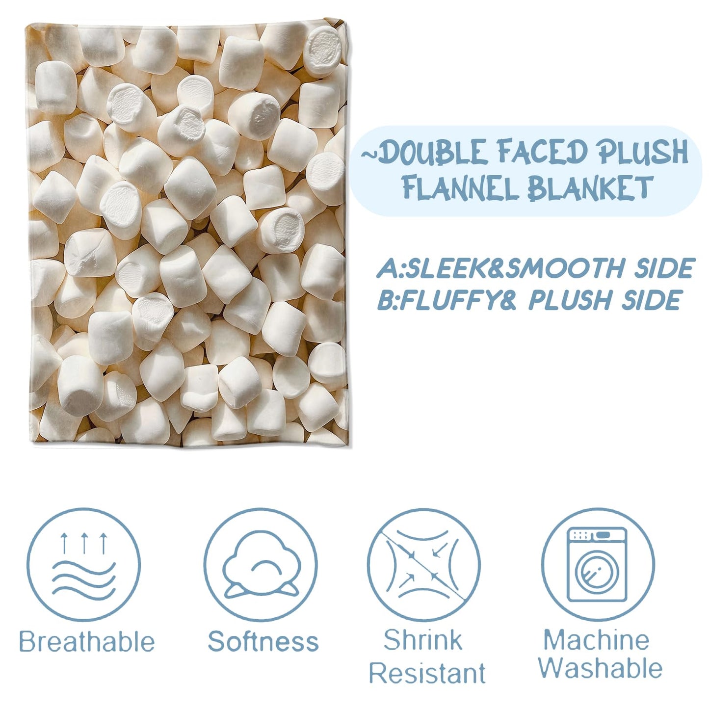 Zeleda Marshmallow Blanket,Gifts for Sweet Lovers,Lightweight Flannel Throw Blankets,Realistic White Dessert Throws Home Decor,for Couch Living Room Office,60x50inch