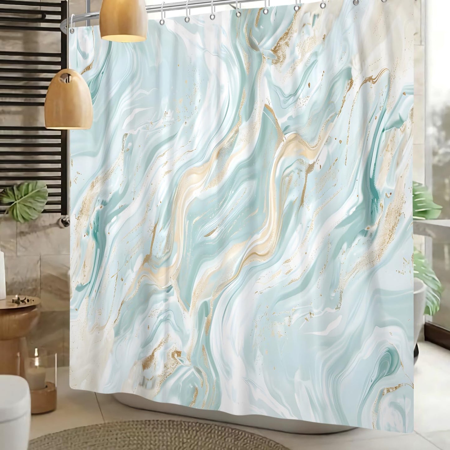 Sillsloso Modern Marble Shower Curtain Abstract Green Gold Marble Bathroom Curtain Luxury Jade Texture Bath Decor Waterproof Polyester Fabric Curtains Set with Hooks 72x72 inch