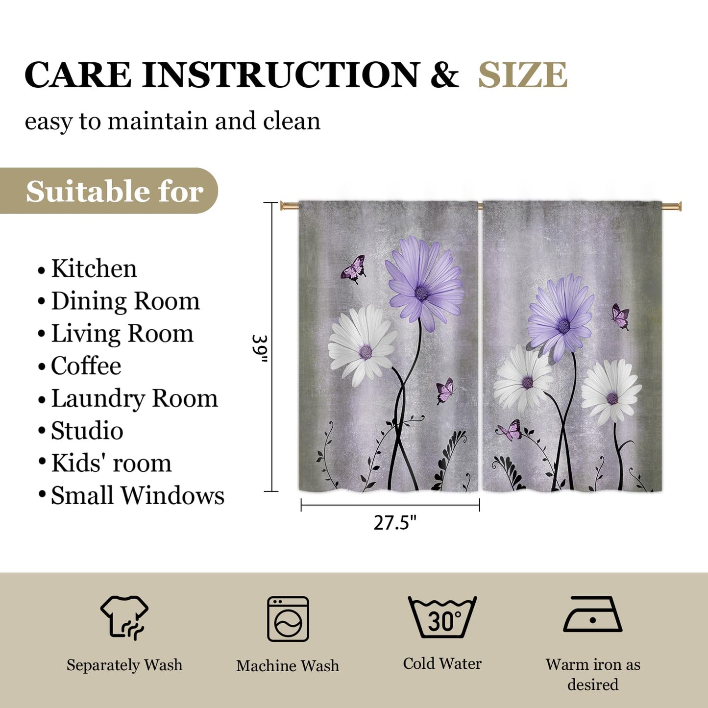 Cizuug Purple Daisy Rustic Farmhouse Kitchen Curtains Watercolor Floral Flower Small Short Cafe Window Curtains Butterfly Country Bathroom Drapes Treatment Tier Curtains 2 Panels