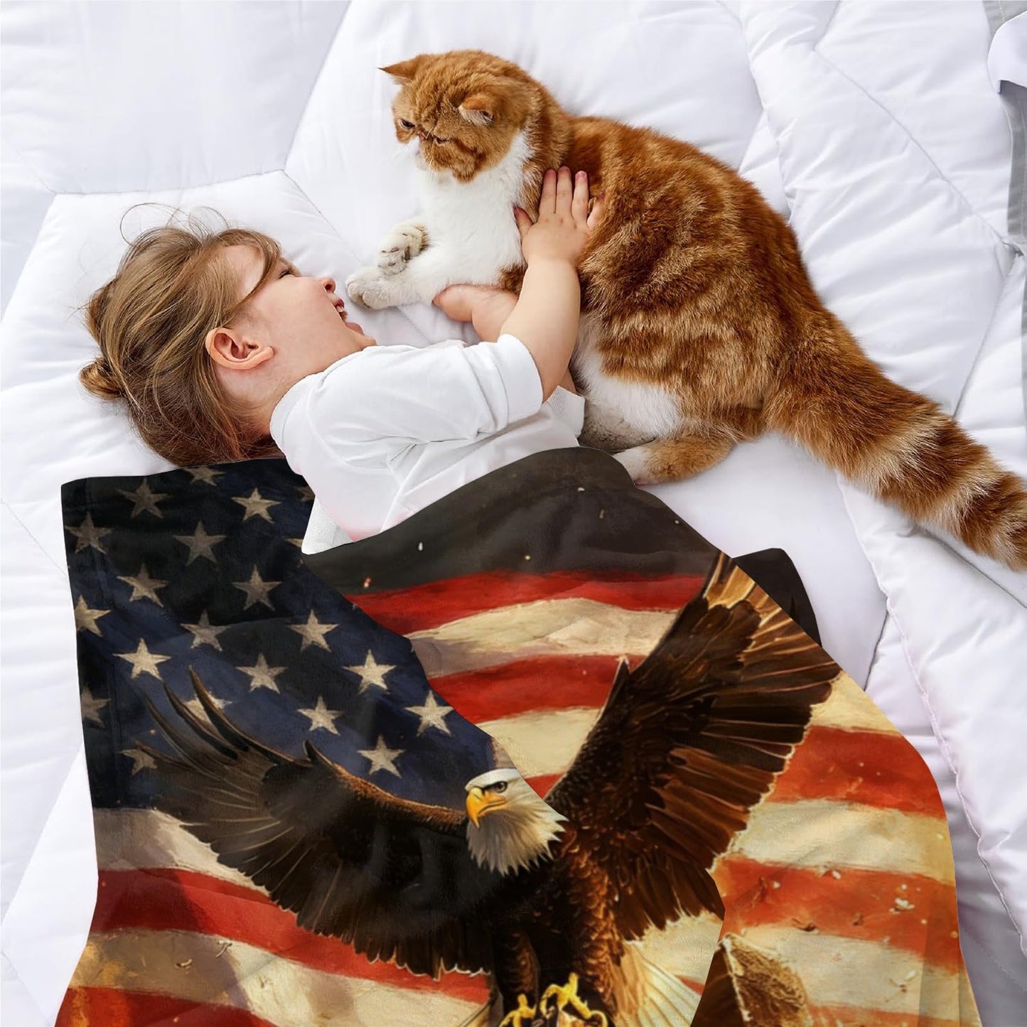Cross Eagle and America Flag Blanket Personalized - Ultra Soft Throw with Name for Independence Celebration Gift, 30" x 40"