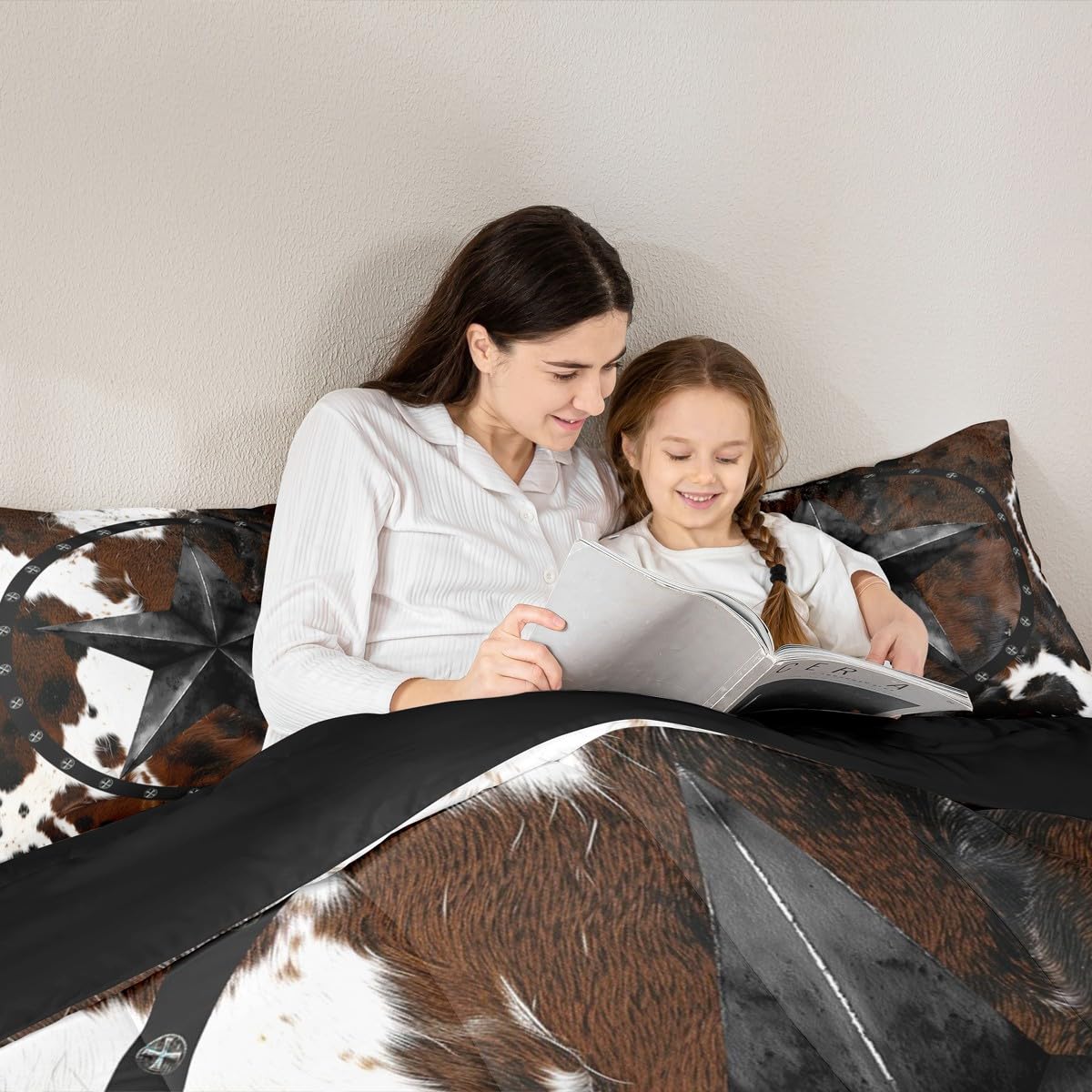 jejeloiu Texas Star Bedding Set Soft for Boys Girls, Western Cowhide Comforter Set Queen Size Farmhouse Rustic Duvet Quilt Microfiber Cow Fur Print Bedroom Decor 3 Pcs with 2 Pillow Cases