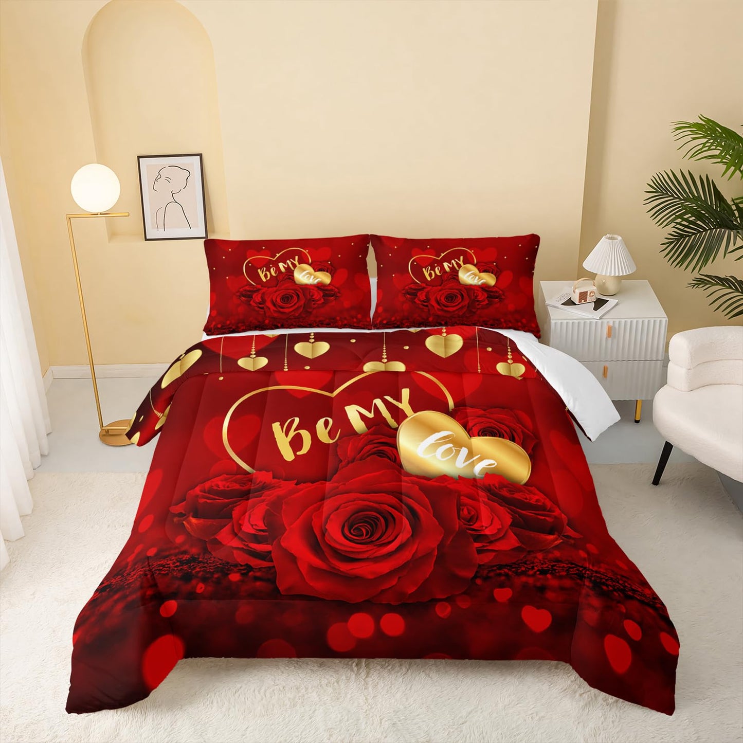 QOOMO Red Rose Kids Bedding Set,Plant Print Comforter Set Queen Size for Boys Girls Teen Room Decorat,Soft Lightweight Bed Set All Season,1 Comforter 2 Pillowcases