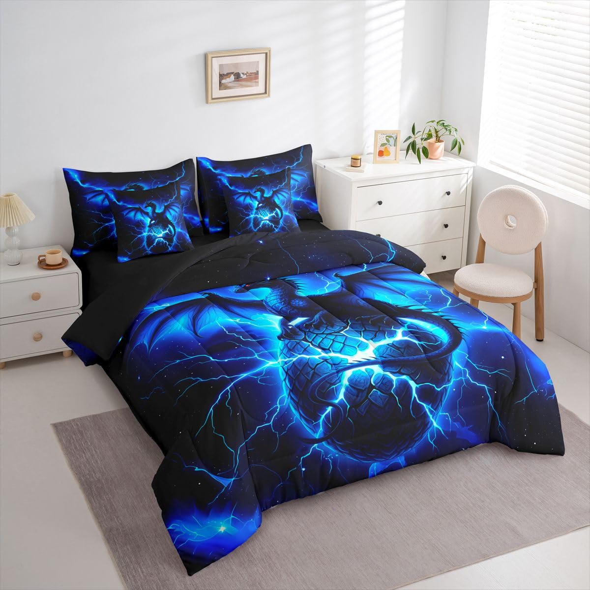 Feelyou Dragon Comforter Set with Sheets 7 Piece Twin Size Chic Outer Space Starry Sky Bed in a Bag Kids Boys Girls ungle Animals Dragon Bedding Set Bedroom Decor Breathable Soft Microfiber