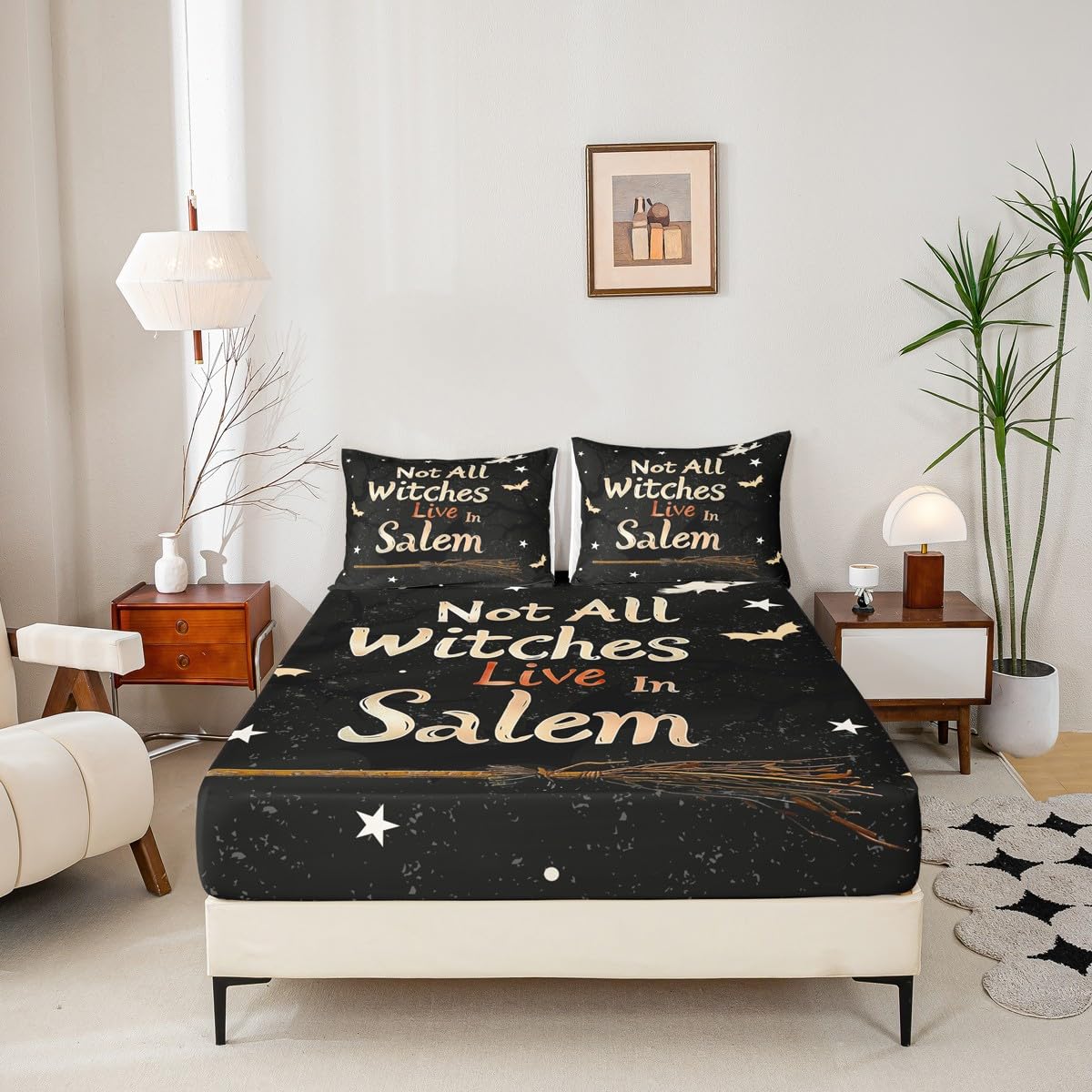 Feelyou Halloween Decor Fitted Sheet with 2 Pillowcases Full Size Witch Bed Sheets Set 16" Deep Pocket Boys Girls Magic Broom Bedding Happy Halloween Teens Bedroom Decor Breathable Soft