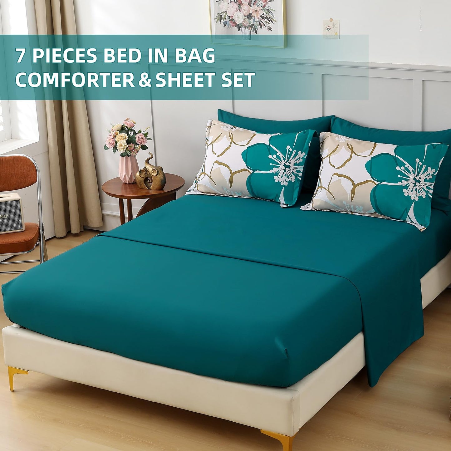 Anibedding 7Pieces Teal Grey Floral Comforter Set Queen Size, Soft Microfiber Grey Blue Bed in a Bag Comforter Set with Sheets for All Season