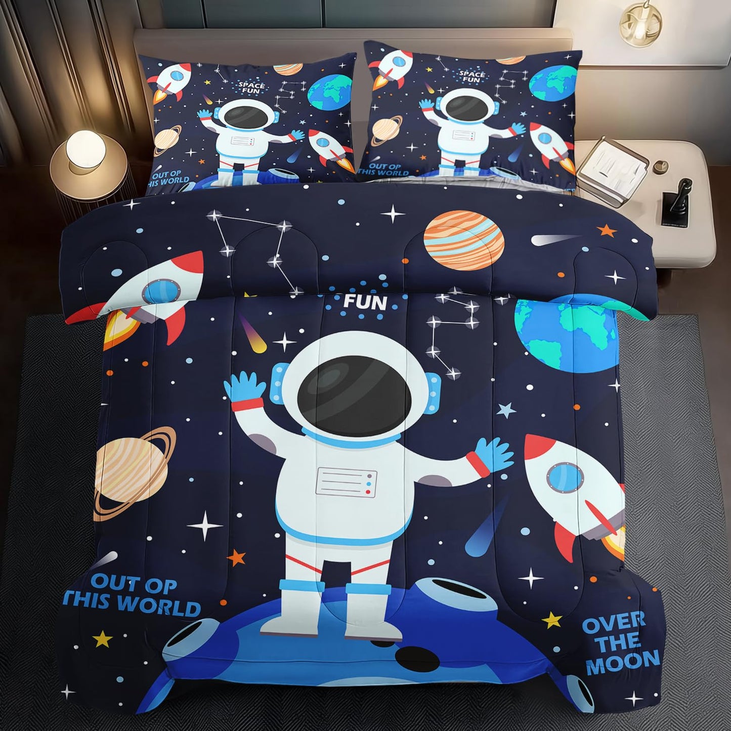 Llyxsest Blue Star Comforter Set Queen,Blue Space Bedding Set Queen for Boy,Star Quilt Space Themed Party Decorations,Galaxy Birthday Decorations for Kids and Adult