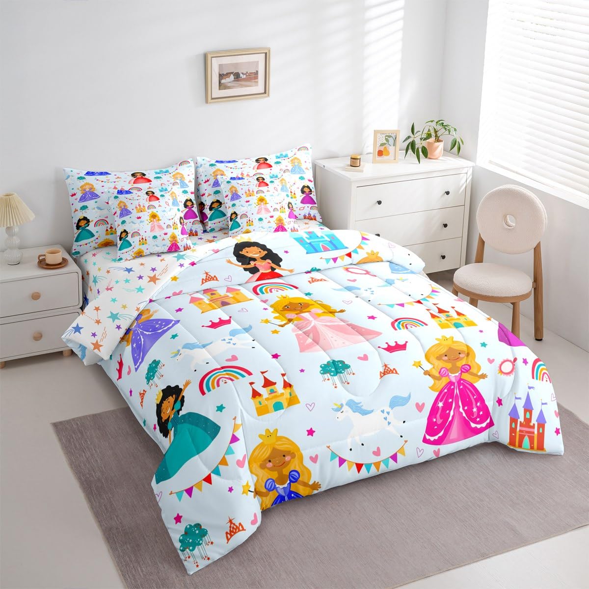 jejeloiu Cute Princess 7 Piece Bedding Set Twin Size Girly Loves Bed in a Bag for Boys Girls Bedroom Decor Pale Blue Clound Rainbow Comforter Set with Sheets,Pillowcases & Cushion Cover Castle Soft
