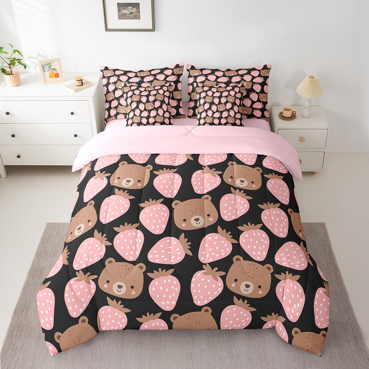 Cartoon Bear 7Pcs Comforter Set Full Size,Sweet Strawberry Bedding Sets for Kids Girls Boys Teens Room Decor,Cartoon Animals Bed in a Bag Cute Pink Fitted Flat Sheet,2 Throw Pillow 2 Pillowcases