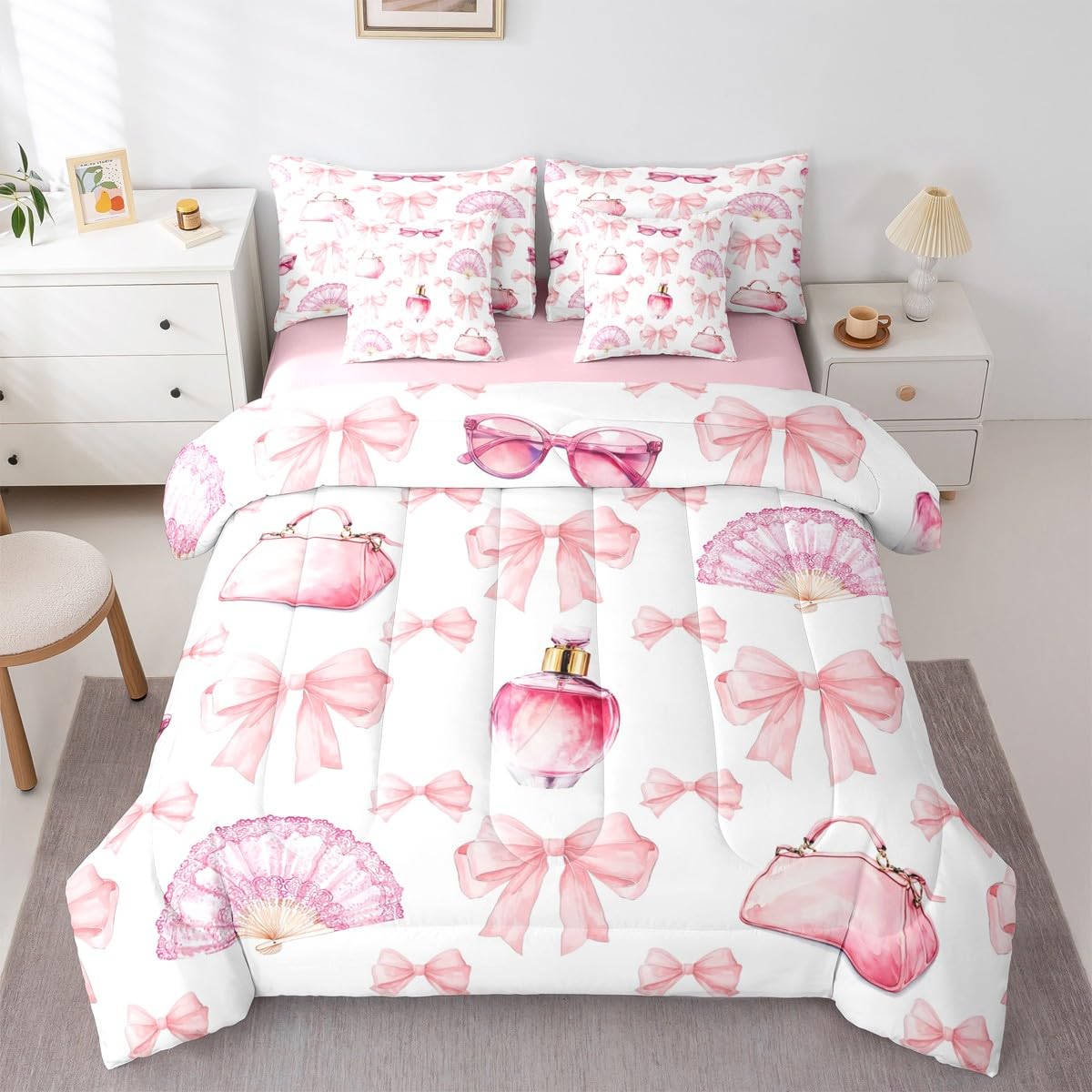 Erosebridal 7 Pcs Bowknot Girls Kids Comforter Set King Bed in a Bag,Girly Makeup Theme Bedding Set,Dreamy Princess Style Sheet Set,Perfume Beauty Duvet Insert,Valentine Bow Quilt for Girlfriend