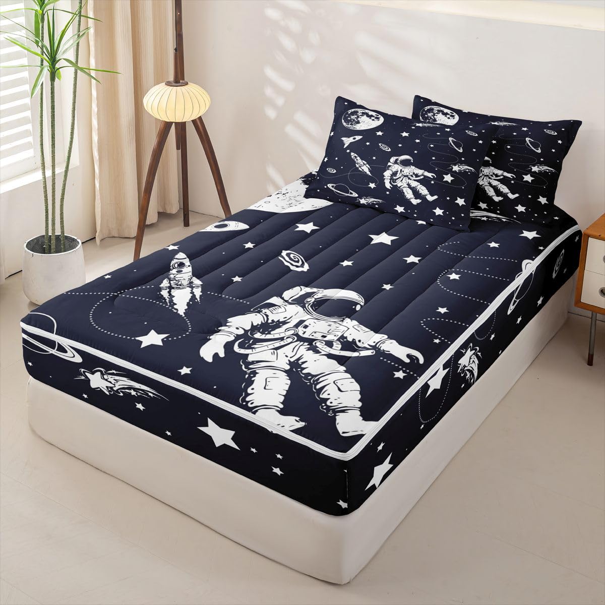 Feelyou Solar System Queen Comforter Set with Fitted Sheet Outer Space Zipper Bedding for Kids Teens Adults Universe Planets Zipper Bedding Sets Cute Astronaut Blue White Bed in A Bag Room Decor