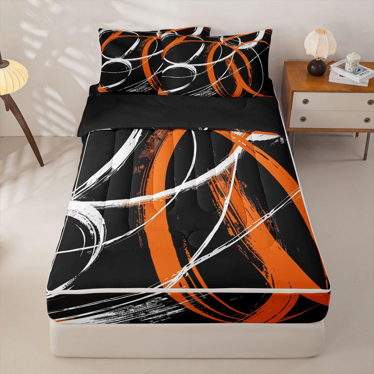 jejeloiu Abstract Zipper Bedding Sets for Kids Boys Girls Luxury Twin Comforter Set with Fitted Sheet Modern Art Bedroom Decor Microfiber with 2 Pillow Cases
