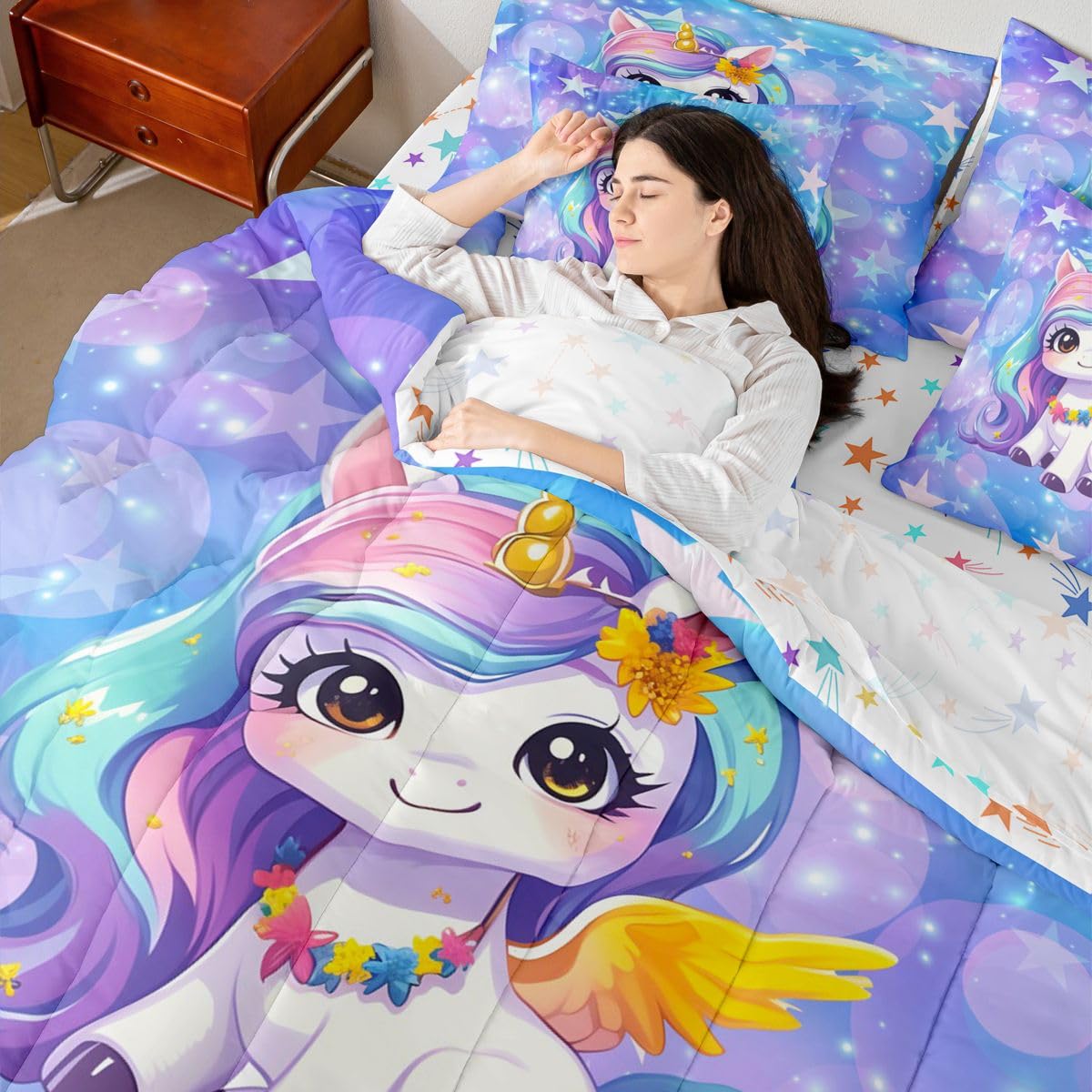 Feelyou Girls Cute Unicorn Comforter Set with Sheets 7 Piece Twin Size Glitter Bed in a Bag Kids Boys Girls Princess Decor Bedding Set Cute Animal Bedroom Decor Breathable Soft Lightweight Microfiber