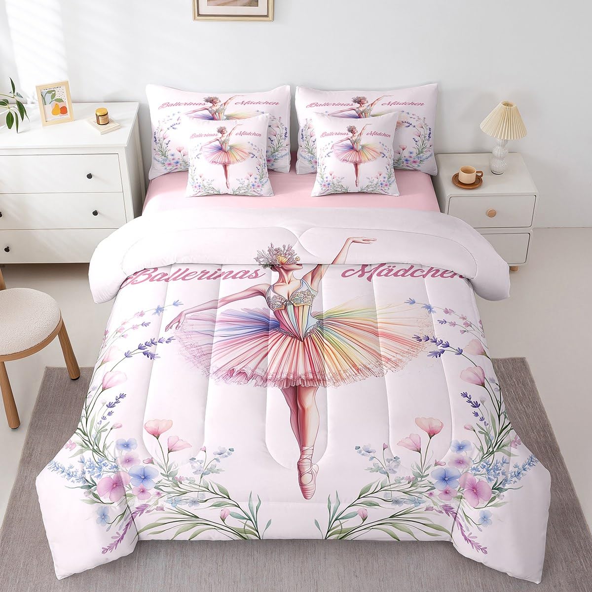 jejeloiu Love Gymnastics Bed Set Dancer 7 Pieces Bedding Set for Kids Groovy Flower Bed in a Bag with Comforter, Sheets, Pillowcases Ultra Soft Ballet All Season Breathable Lightweight Twin Size
