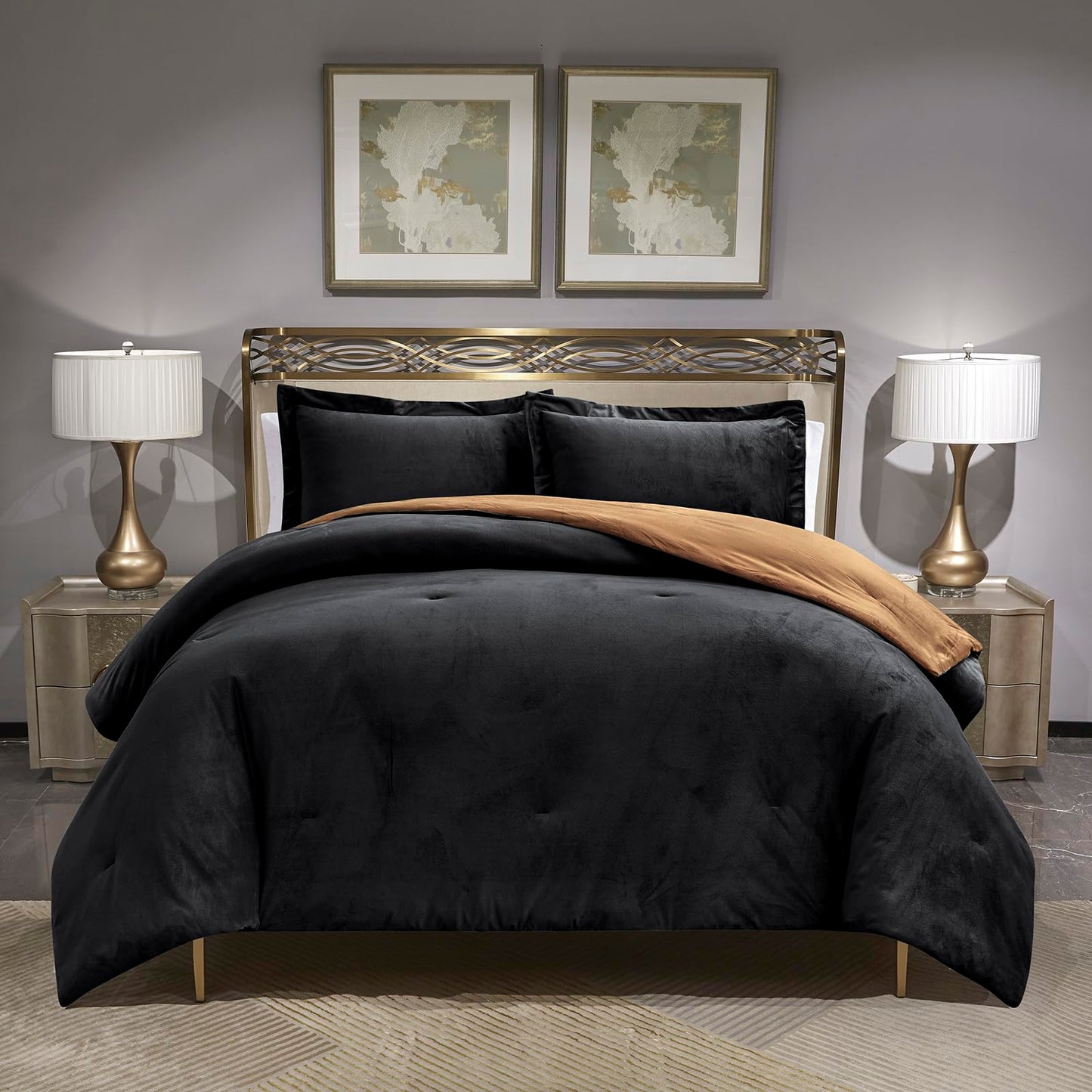 HUMESIIL Reversible Comforter Set, Poly Plush Fabric for Both Front and Reverse, with Downalternative Fill, 3 Pieces King 106"x96", Black Caramel