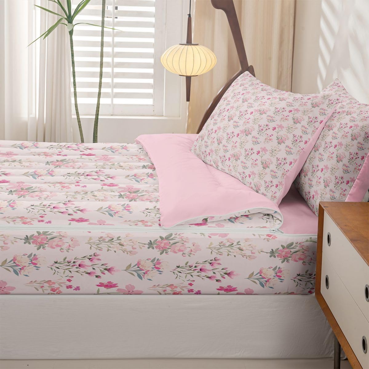 Feelyou Flower Comforter Set Full Size Zipper Bedding Set for Girls Boys Floral Spring Comforter with Fitted Sheet, Pillowcases Pink Green Block Print Zipper Bedding Breathable Boho Bed in a Bag