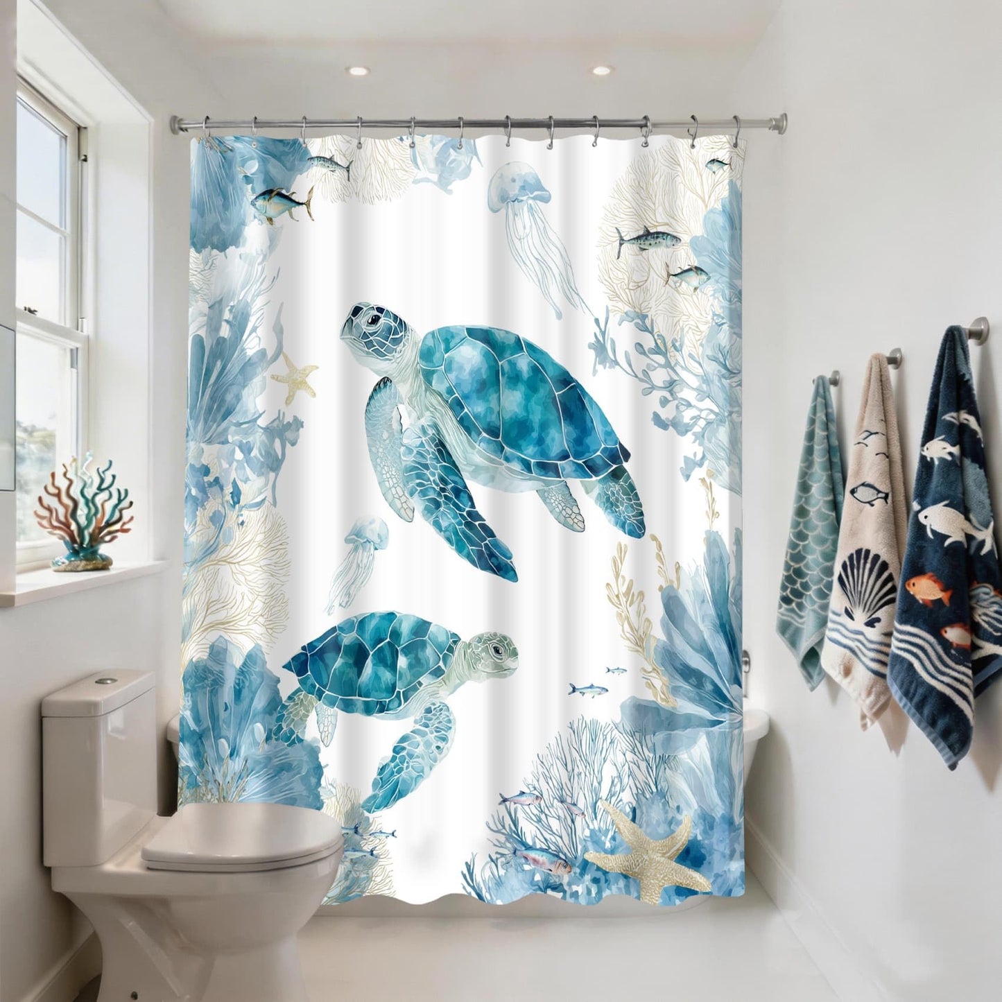 TYTYUU Sea Turtle Shower Curtain for Bathroom, Ocean Themed, Blue, 72x72In
